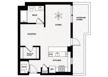 Floor plan for studio, 1 bath, 622 sqft